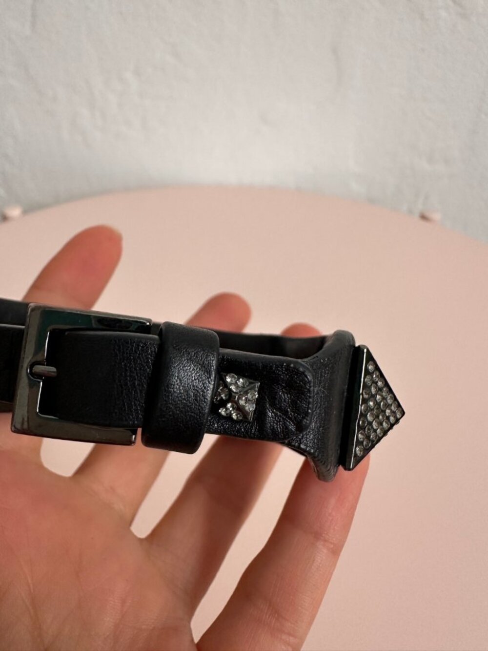 Valentino Garavani Rockstud Bracelet Black Leather Crystal Pyramid Studs Size S